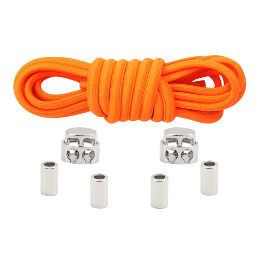 Orange robust oval elastic no-tie shoelaces with a metal adjustable lock.