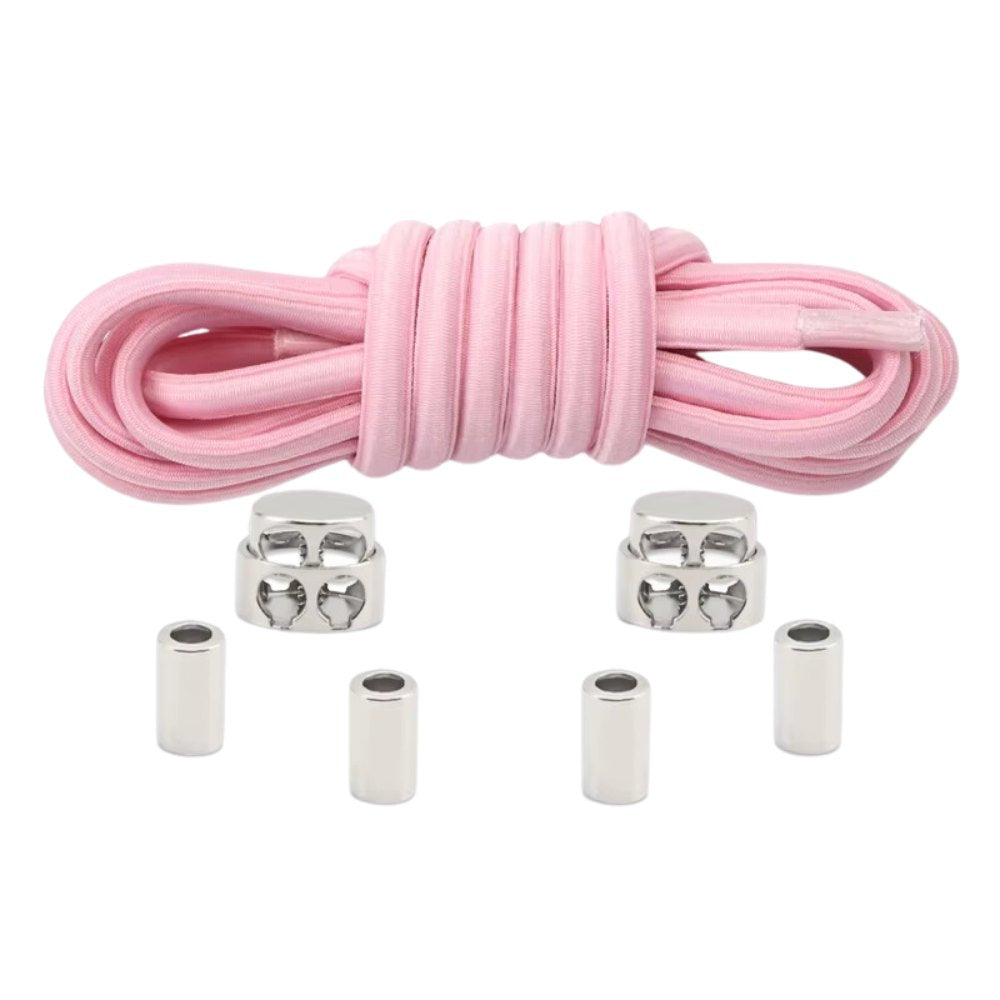 Pink robust oval elastic no-tie shoelaces with a metal adjustable lock.