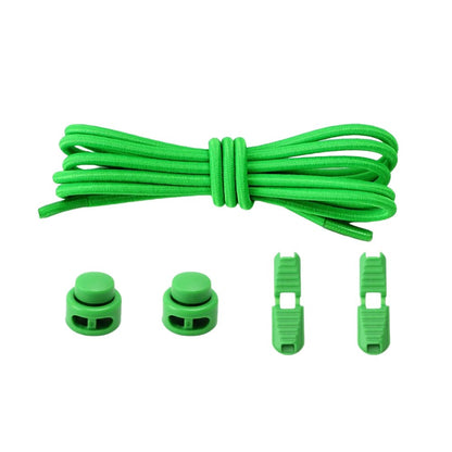 Green round elastic no-tie shoelaces with an adjustable lock.