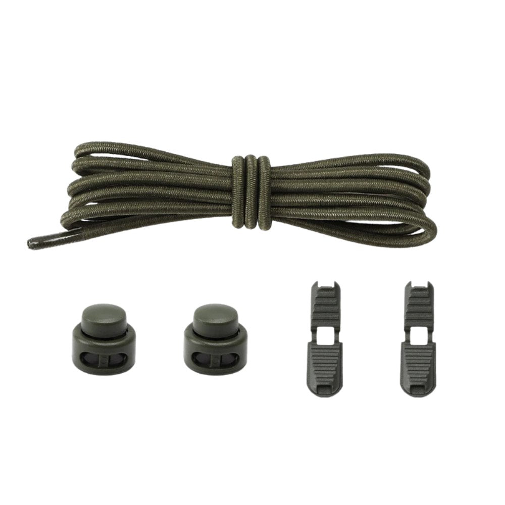 Army green round elastic no-tie shoelaces with an adjustable lock.