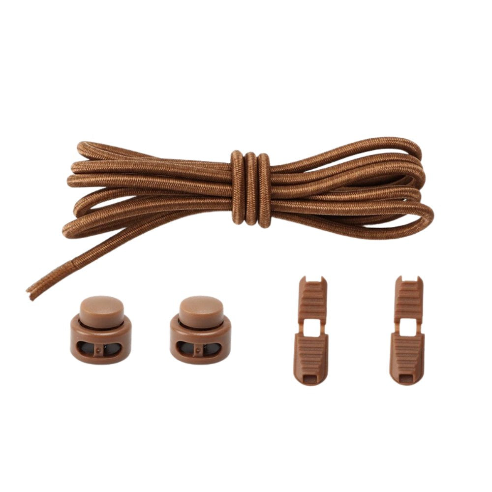 Brown round elastic no-tie shoelaces with an adjustable lock.