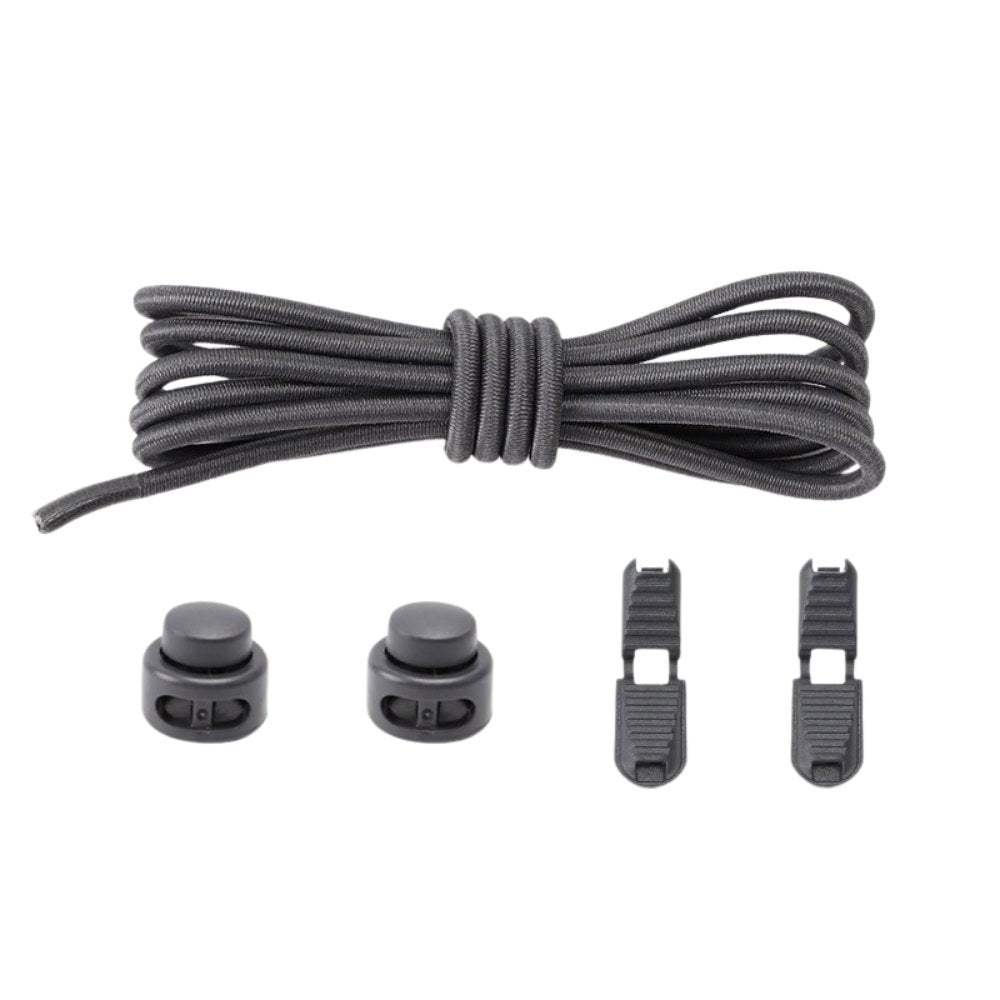 Dark gray round elastic no-tie shoelaces with an adjustable lock.