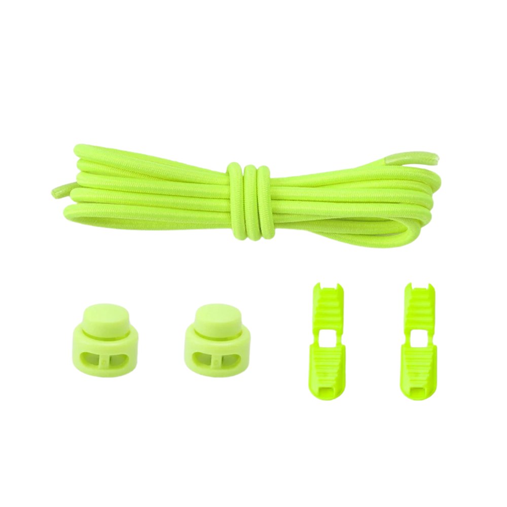 Fluorescent green round elastic no-tie shoelaces with an adjustable lock.