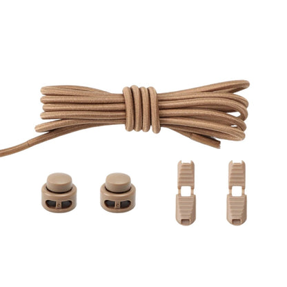 Khaki round elastic no-tie shoelaces with an adjustable lock.