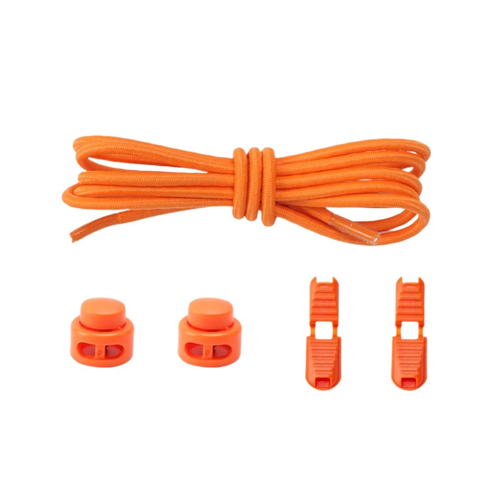 Orange round elastic no-tie shoelaces with an adjustable lock.