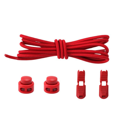 Red round elastic no-tie shoelaces with an adjustable lock.