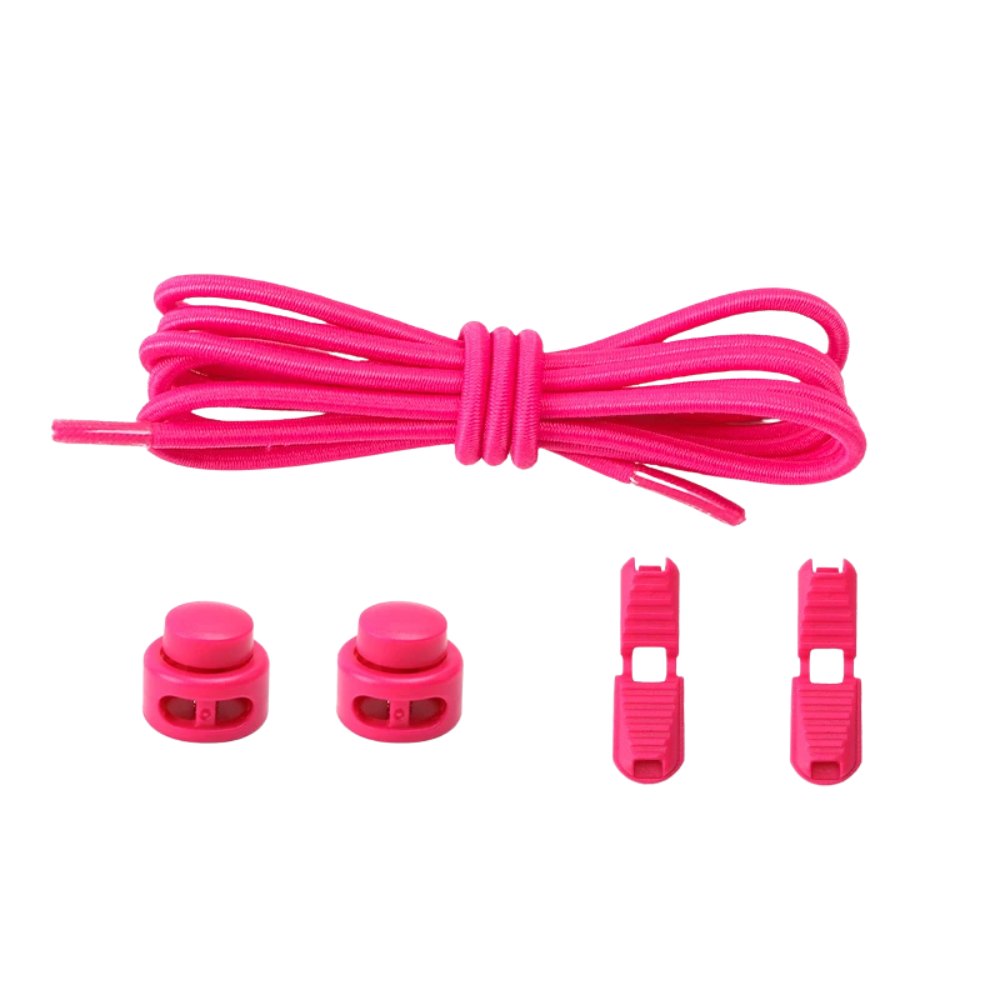 Rose red round elastic no-tie shoelaces with an adjustable lock.