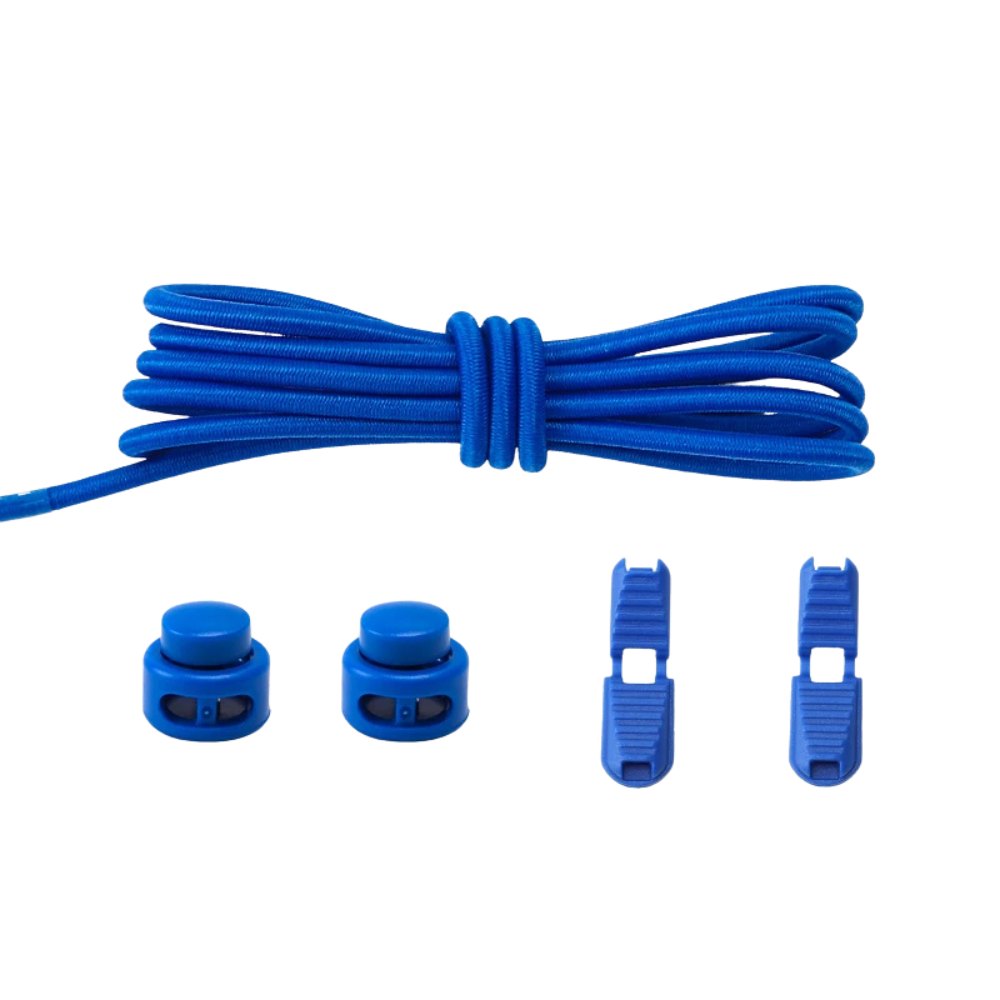 Royal blue round elastic no-tie shoelaces with an adjustable lock.