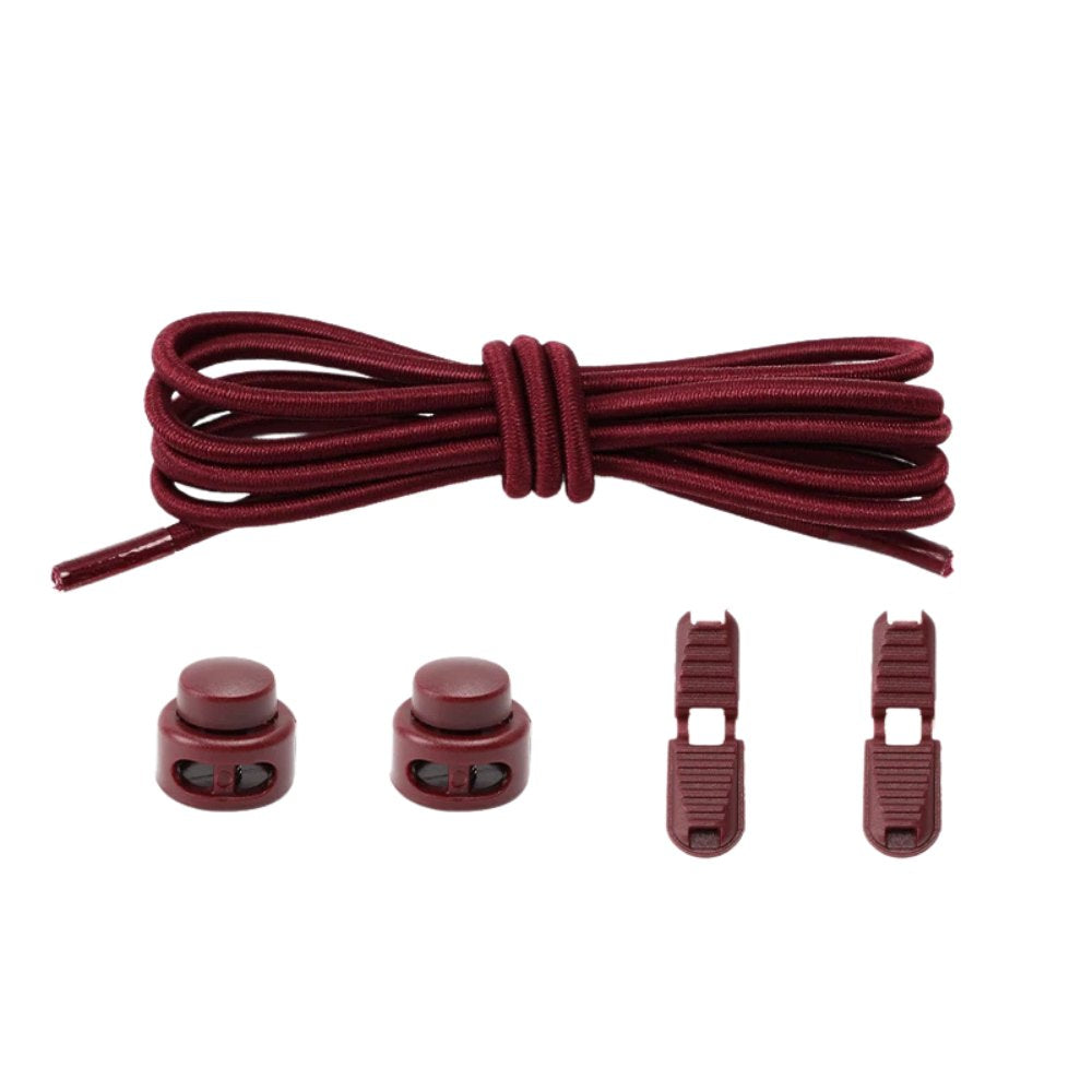 Wine red round elastic no-tie shoelaces with an adjustable lock.