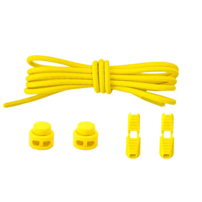 Yellow round elastic no-tie shoelaces with an adjustable lock.