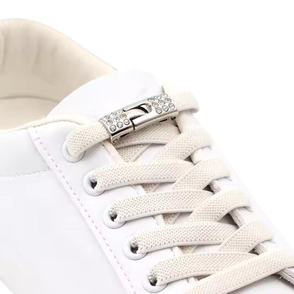 solid-elastic-no-tie-shoelaces-beige-rhinestone-hook-diplayed-on-sneakers-side-angle