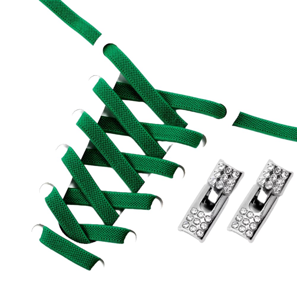 Dark green elastic no-tie shoelaces with a rhinestone hook lock.