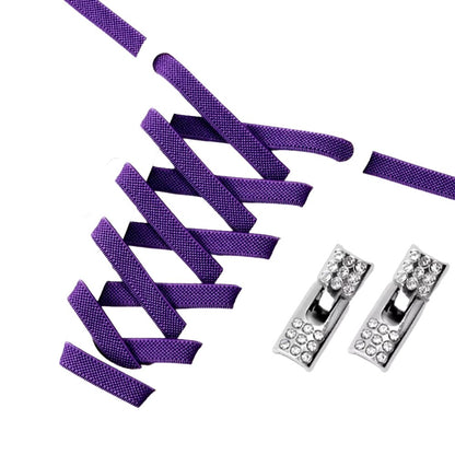 Purple elastic no-tie shoelaces with a rhinestone hook lock.