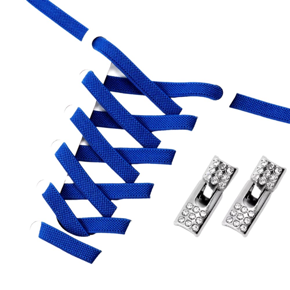 Royal blue elastic no-tie shoelaces with a rhinestone hook lock.