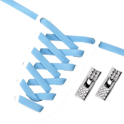 Sky blue elastic no-tie shoelaces with a rhinestone hook lock.