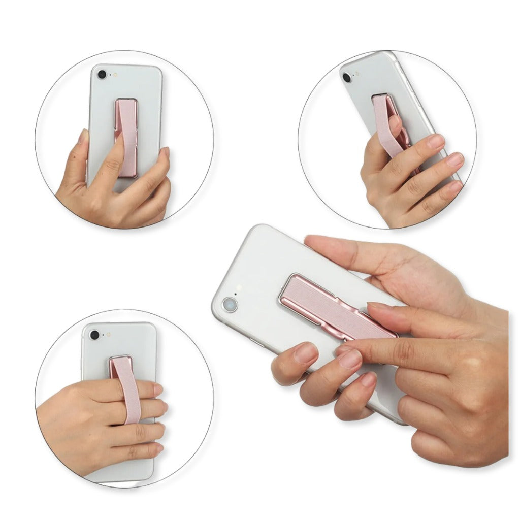 Diverse hoeken van een persoon die een smartphone met Pinkless Elastische Telefoongrip vasthoudt, toont comfort en veelzijdigheid in gebruik.