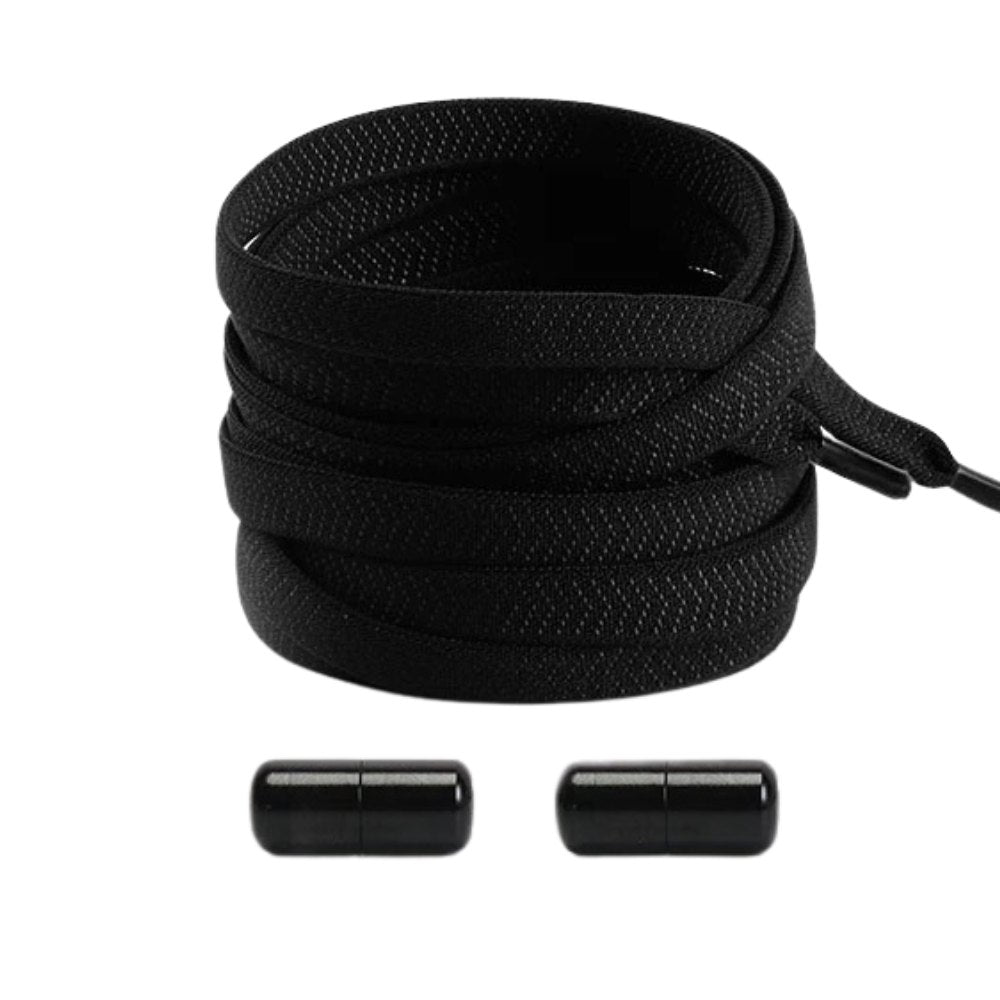 Black textured elastic no-tie shoelaces with a twist capsule lock.