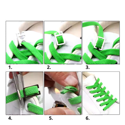 Stap-voor-stap instructie voor groene textuur elastische veters zonder strikken met onzichtbare clip getoond op schoen