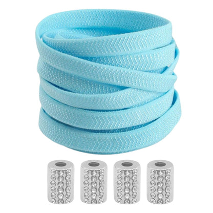 Light blue textured elastic no-tie shoelaces with a round anklet lock and rhinestone gems.