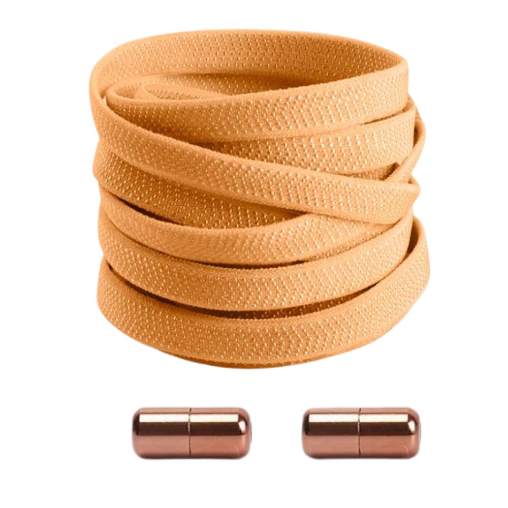 Light brown textured elastic no-tie shoelaces with a twist capsule lock.