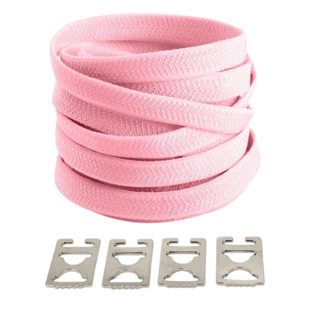 Pink textured elastic no-tie shoelaces with an invisible clip.