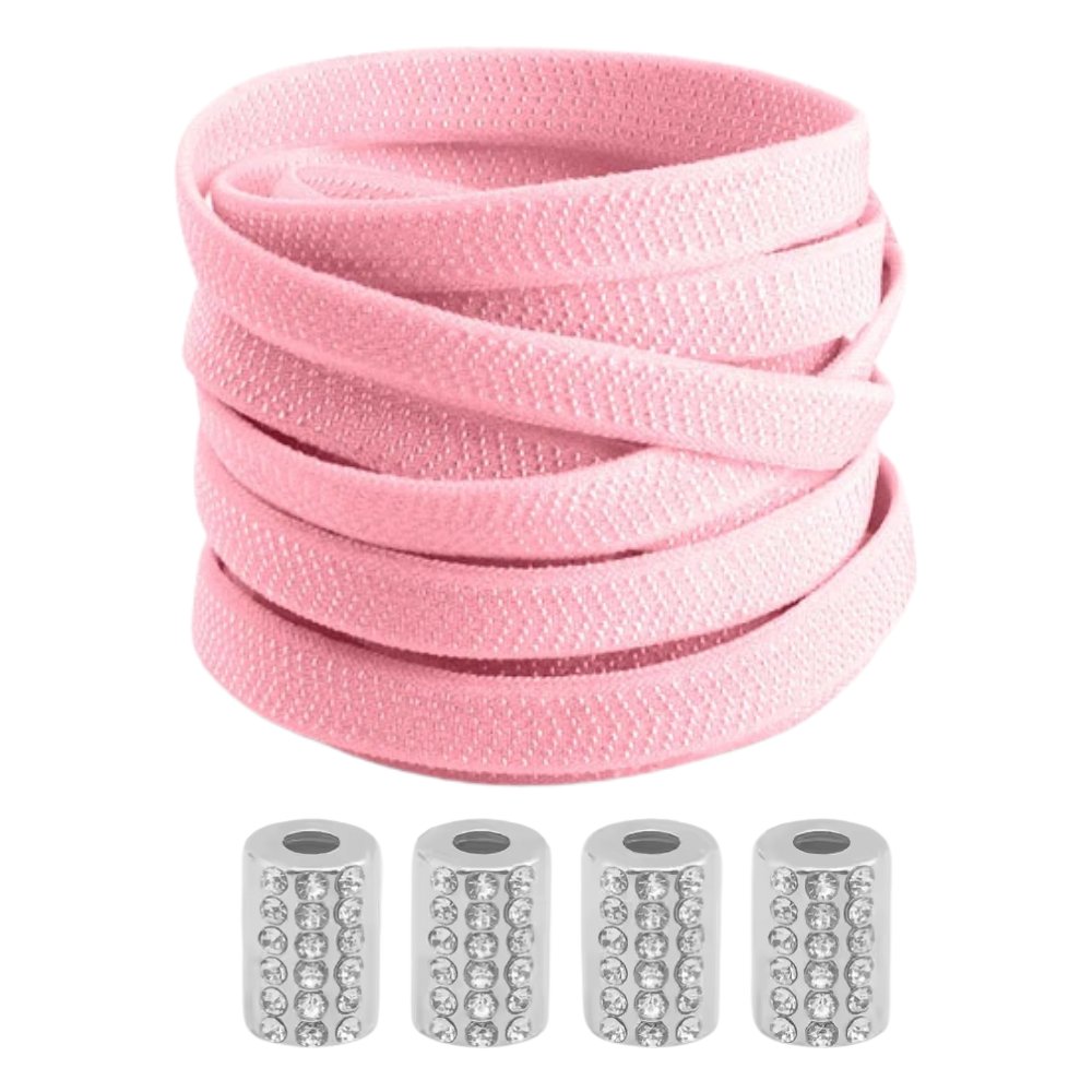 Pink textured elastic no-tie shoelaces with a round anklet lock and rhinestone gems.