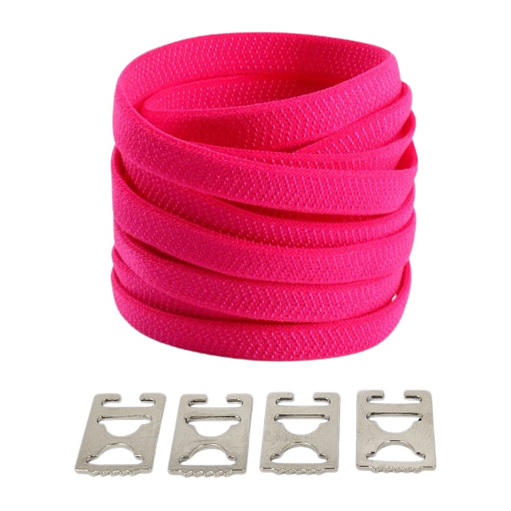 Rose red textured elastic no-tie shoelaces with an invisible clip.