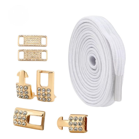 Witte platte glitter elastische veters van 6 mm met gouden charm en strass haak als sluiting