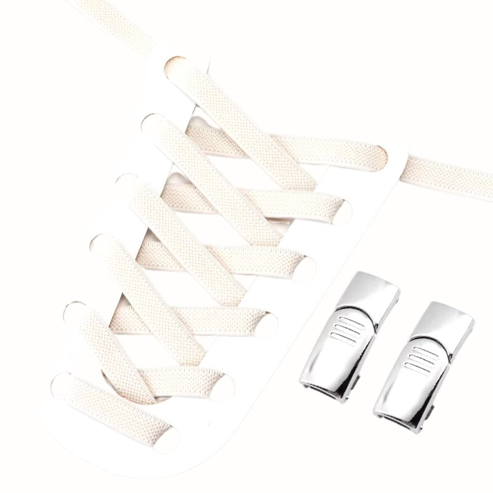 Beige elastic no-tie shoelaces with a silver magnetic lock.