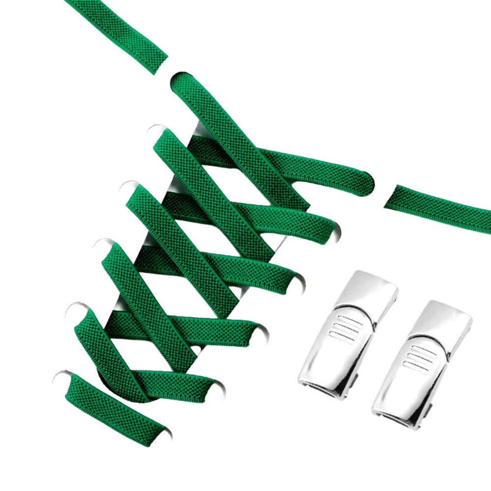 Dark green elastic no-tie shoelaces with a silver magnetic lock.