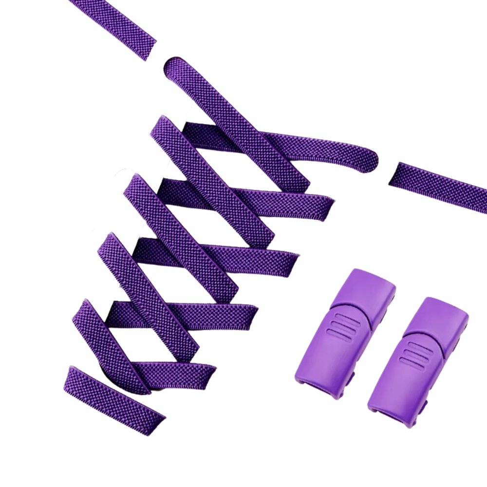 Purple elastic no-tie shoelaces with a silver magnetic lock.