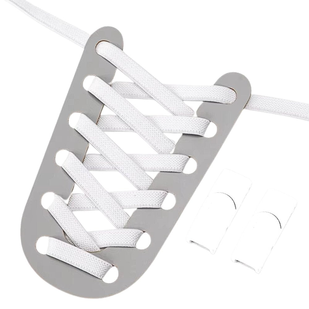 White elastic no-tie shoelaces with a silver magnetic lock.