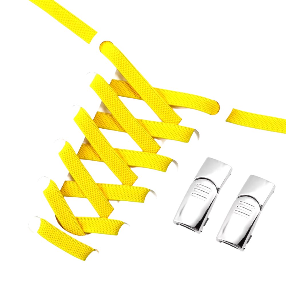 Yellow elastic no-tie shoelaces with a silver magnetic lock.