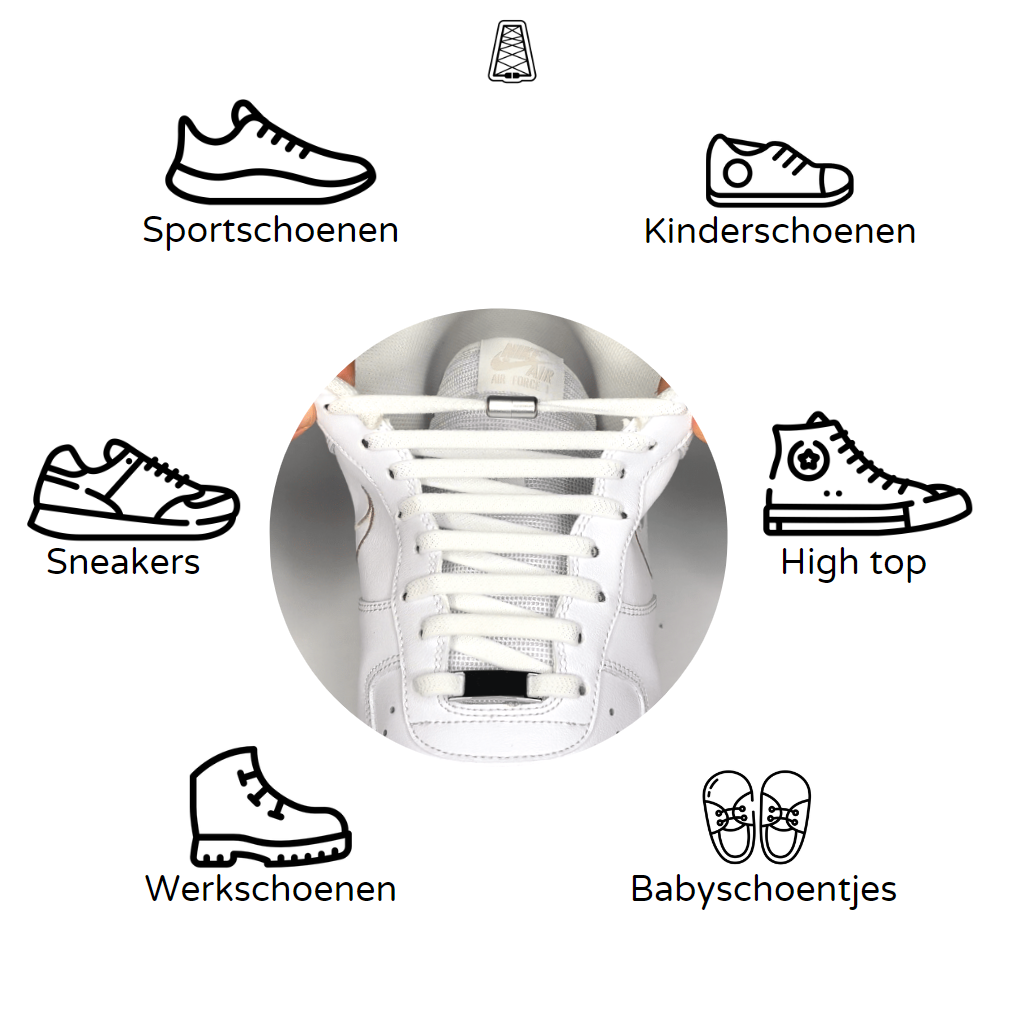 Agletless platte, brede elastische veters 8mm - geschikt voor sportschoenen, kinderschoenen, sneakers, high-tops, werkschoenen en babyschoentjes
