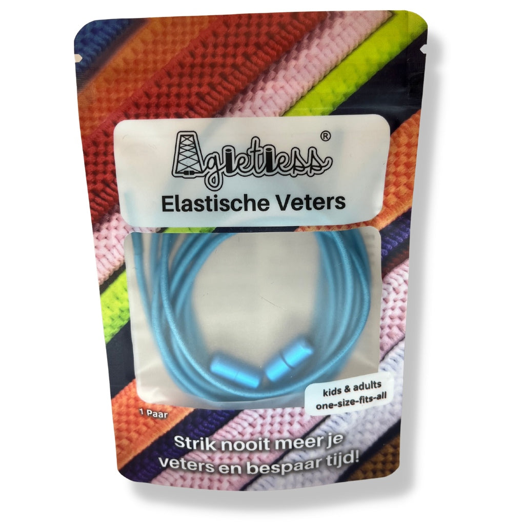 Azuurblauwe ronde elastische veters 3mm opgerold in verpakking, vooraanzicht: Agletless® Strikvrij & Stijlvol