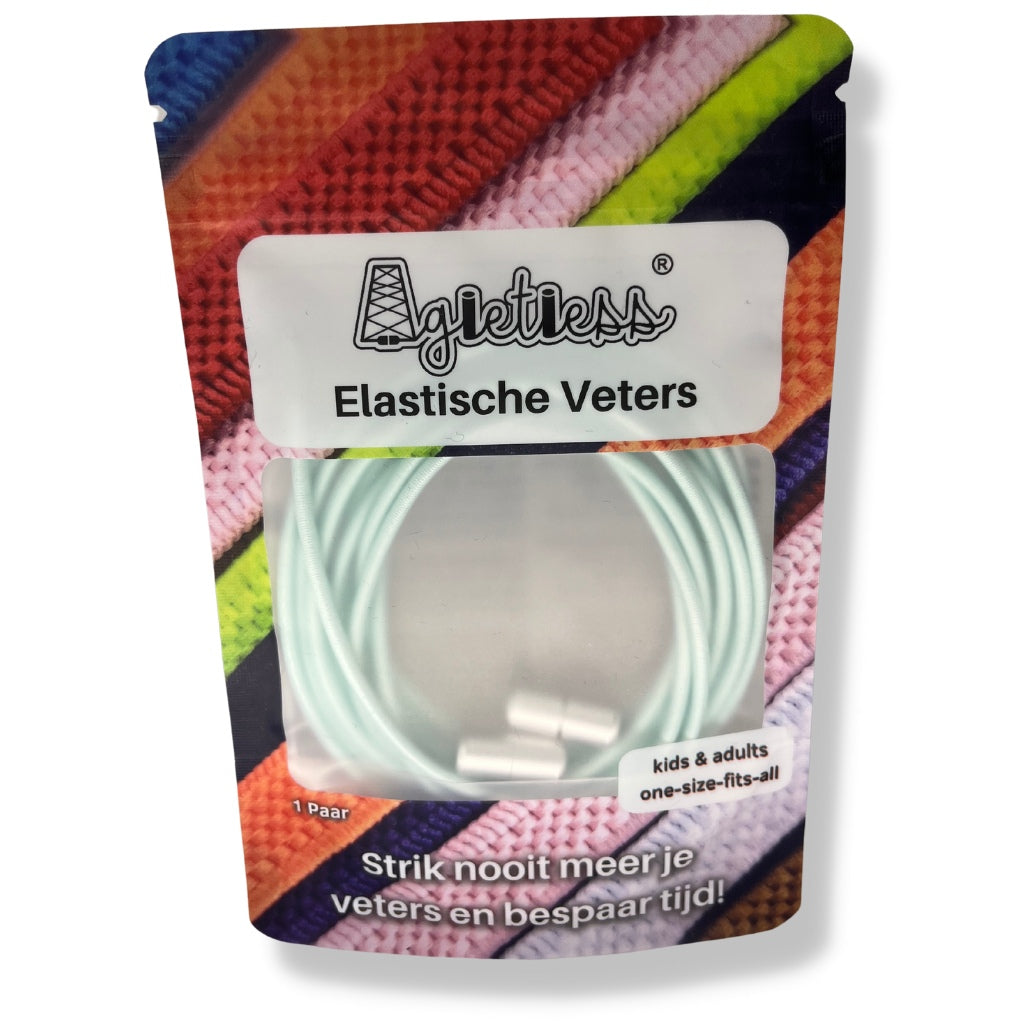 Lichtblauwe ronde elastische veters 3mm opgerold in verpakking, vooraanzicht: Agletless® Strikvrij & Stijlvol