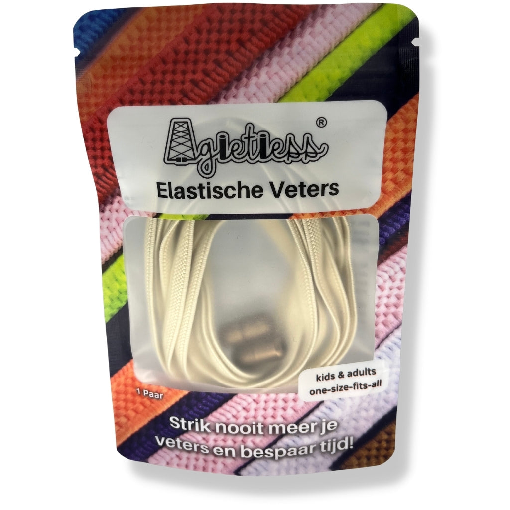 Beige platte elastische veters 6mm opgerold, voorkant verpakking: Agletless® Strikvrij & Stijlvol