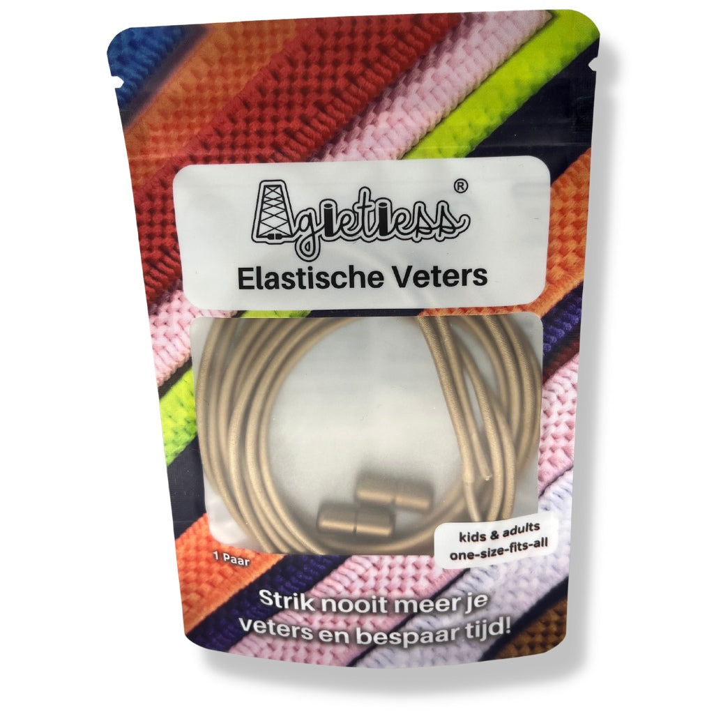 Beige ronde elastische veters 3mm opgerold in verpakking, vooraanzicht: Agletless® Strikvrij & Stijlvol