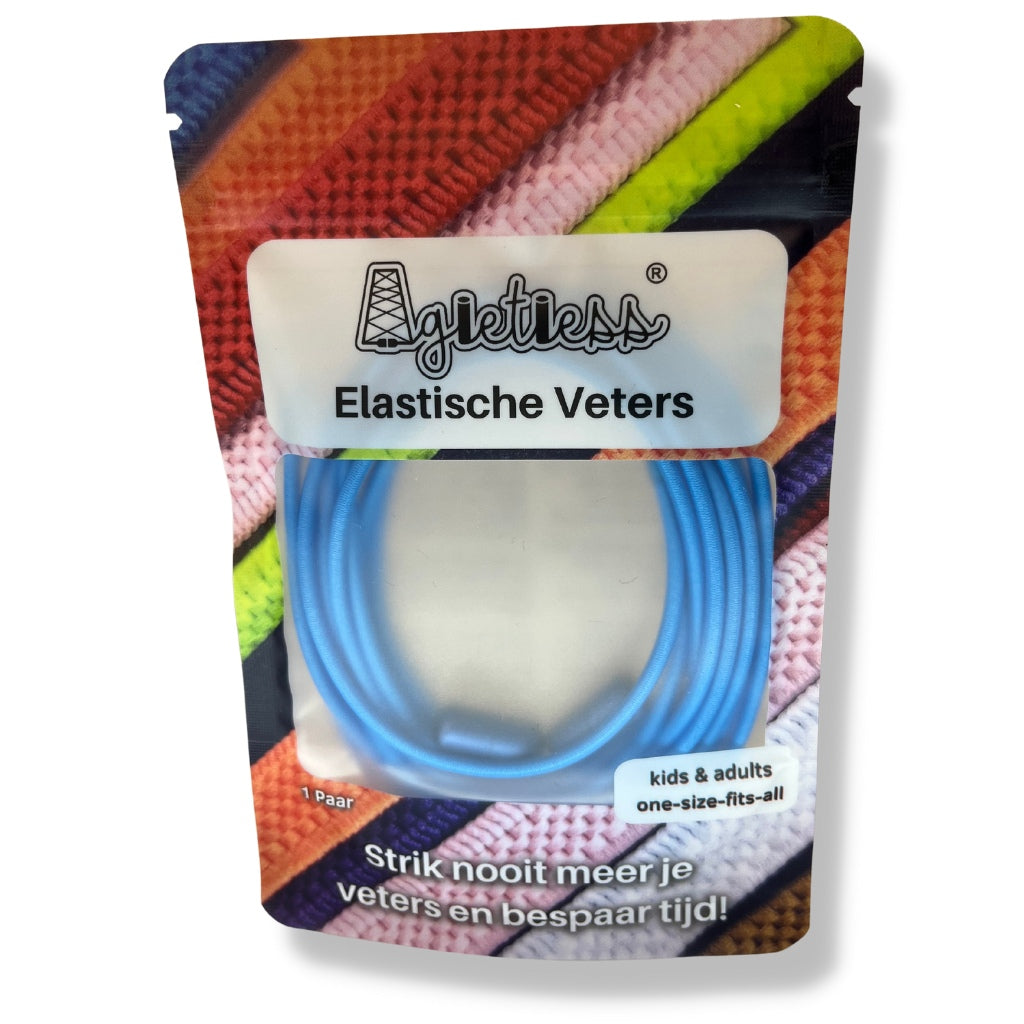 Blauwe ronde elastische veters 3mm opgerold in verpakking, vooraanzicht: Agletless® Strikvrij & Stijlvol