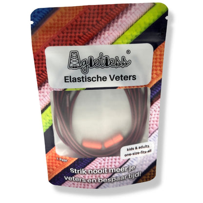 Bordeaux ronde elastische veters 3mm opgerold in verpakking, vooraanzicht: Agletless® Strikvrij & Stijlvol