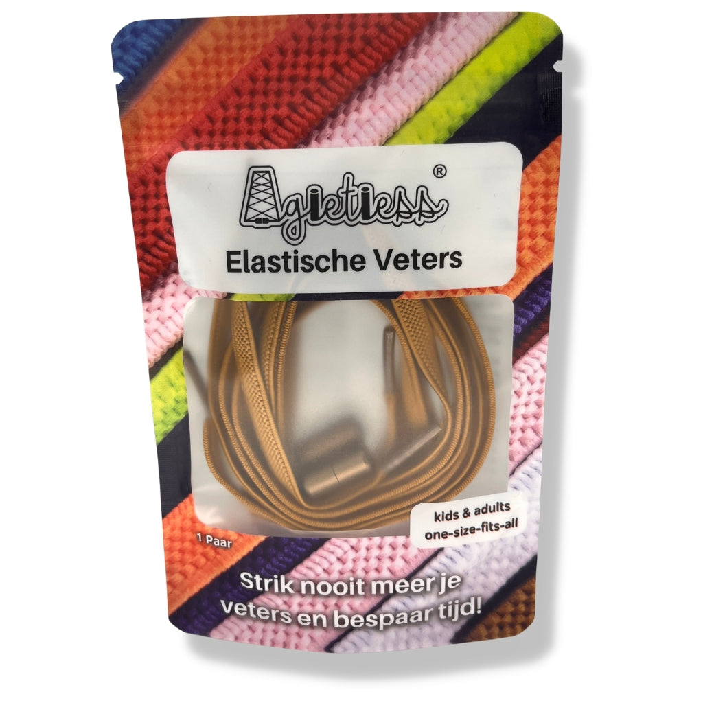 Bruin platte elastische veters 6mm opgerold, voorkant verpakking: Agletless® Strikvrij & Stijlvol