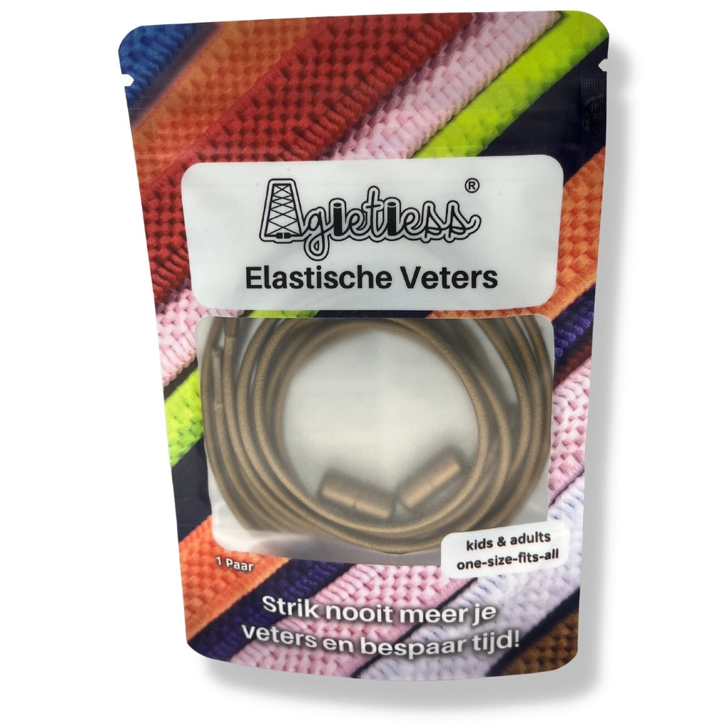 Bruine ronde elastische veters 3mm opgerold in verpakking, vooraanzicht: Agletless® Strikvrij & Stijlvol