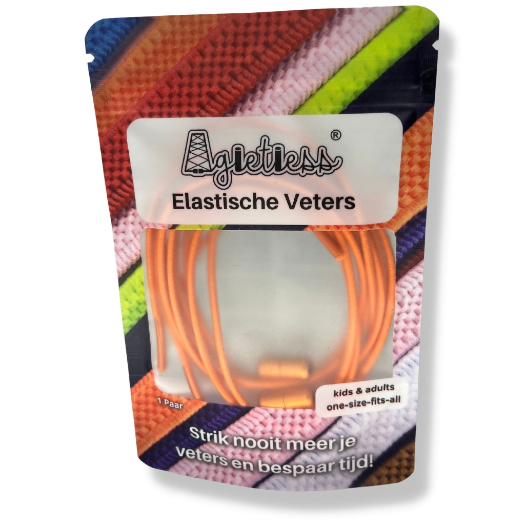 Dieporanje ronde elastische veters 3mm opgerold in verpakking, vooraanzicht: Agletless® Strikvrij & Stijlvol