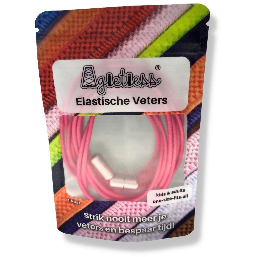 Fuchsia ronde elastische veters 3mm opgerold in verpakking, vooraanzicht: Agletless® Strikvrij & Stijlvol