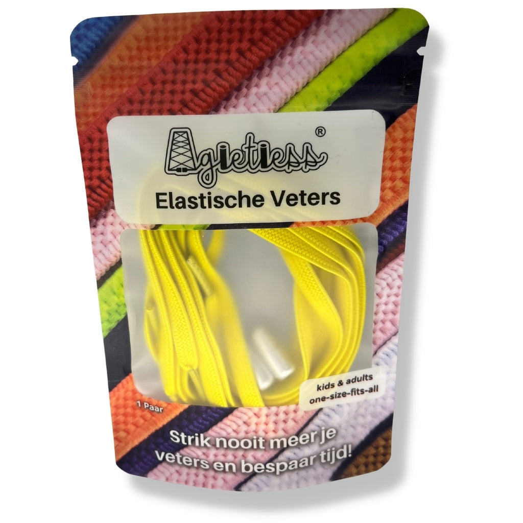 Geel platte elastische veters 6mm opgerold, voorkant verpakking: Agletless® Strikvrij & Stijlvol