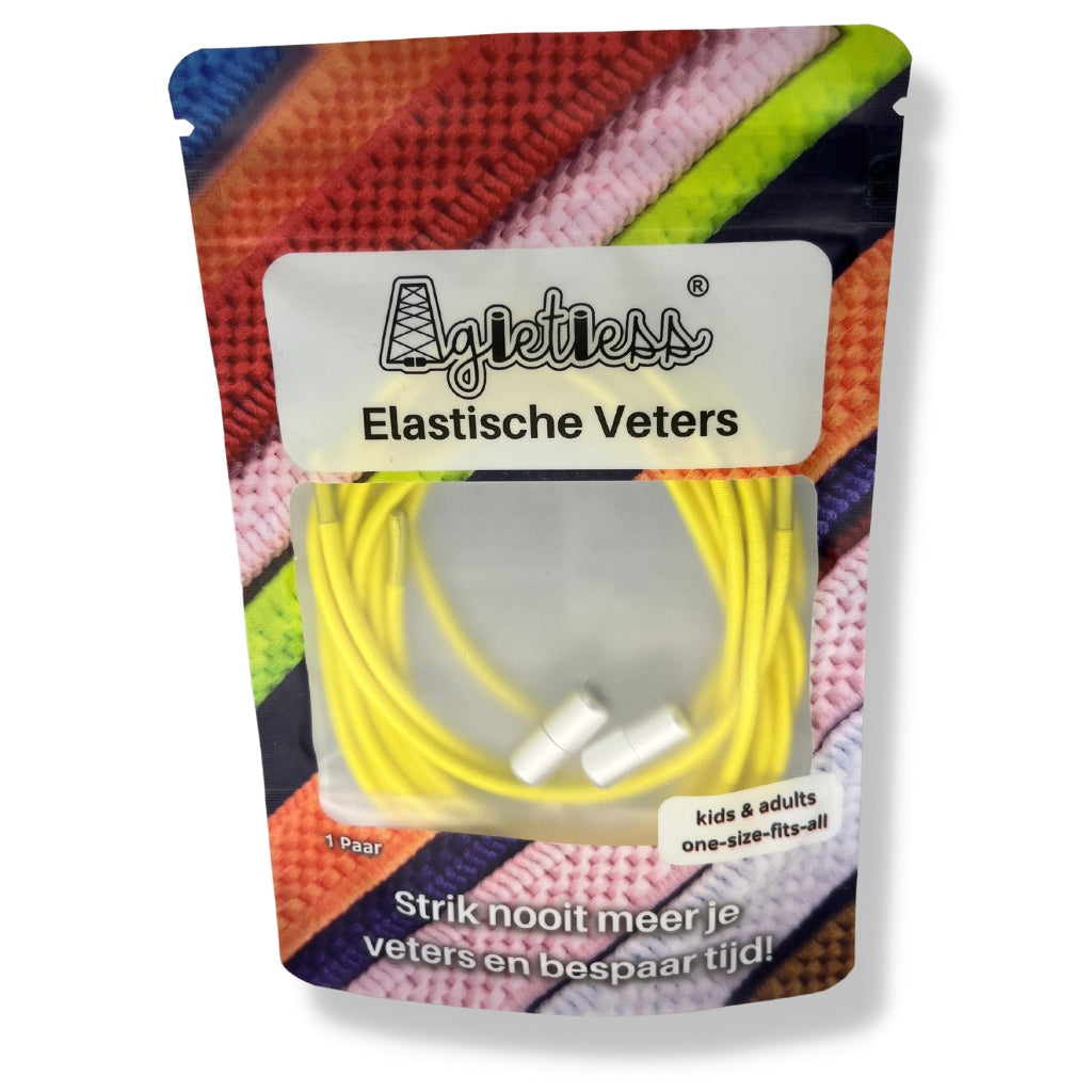 Gele ronde elastische veters 3mm opgerold in verpakking, vooraanzicht: Agletless® Strikvrij & Stijlvol