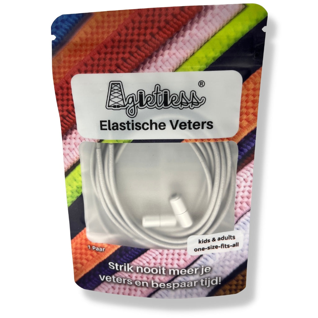 Grijze ronde elastische veters 3mm opgerold in verpakking, vooraanzicht: Agletless® Strikvrij & Stijlvol