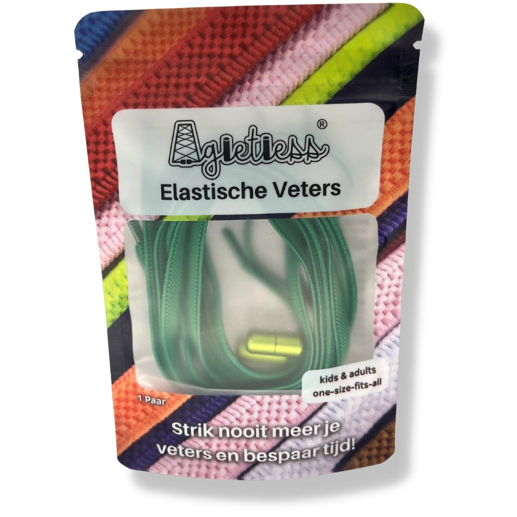 Groen platte elastische veters 6mm opgerold, voorkant verpakking: Agletless® Strikvrij & Stijlvol