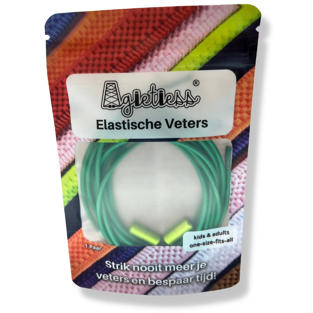 Groene ronde elastische veters 3mm opgerold in verpakking, vooraanzicht: Agletless® Strikvrij & Stijlvol