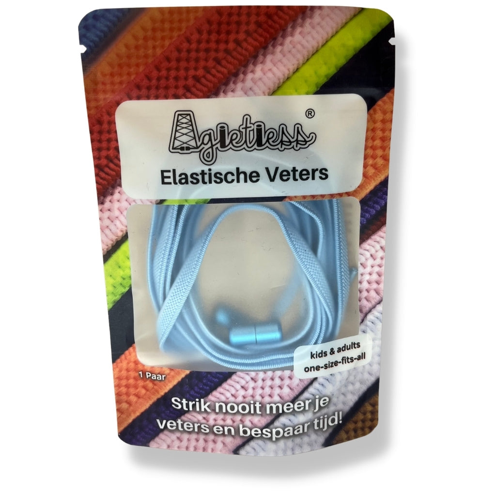 Lichtblauw platte elastische veters 6mm opgerold, voorkant verpakking: Agletless® Strikvrij & Stijlvol